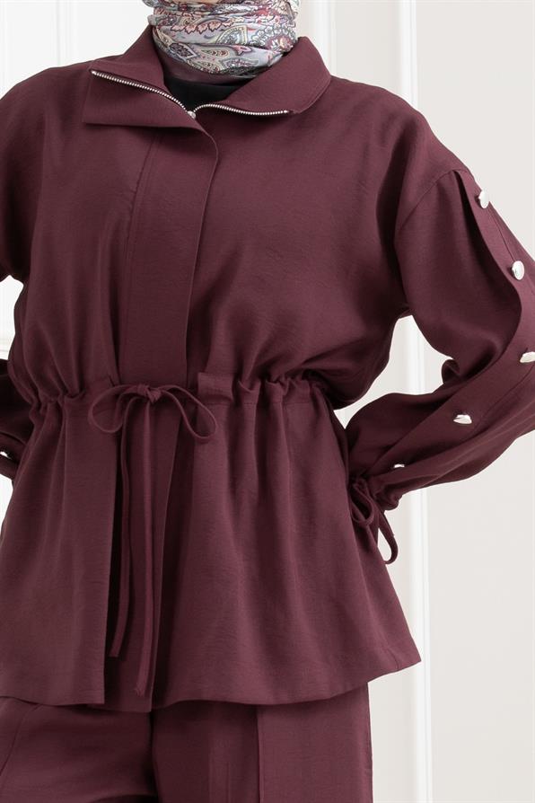 Tünel detaylı kolu düğmeli ikili tesettür takım-BORDO