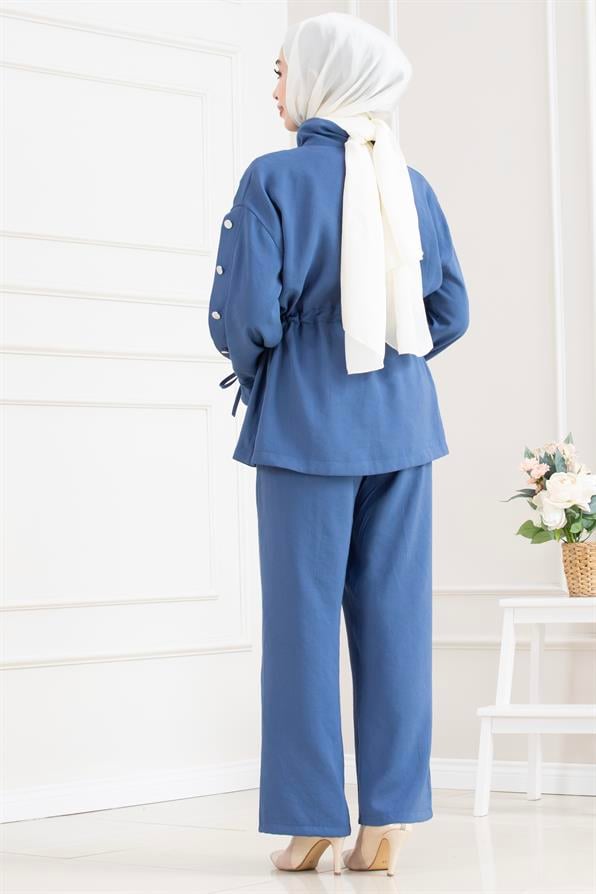 Tünel detaylı kolu düğmeli ikili tesettür takım-MAVİ