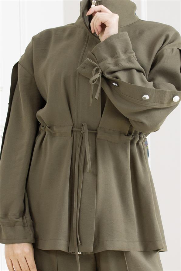 Tünel detaylı kolu düğmeli ikili tesettür takım-HAKİ