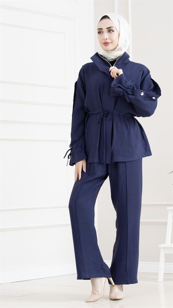 Tünel detaylı kolu düğmeli ikili tesettür takım-LACİVERT
