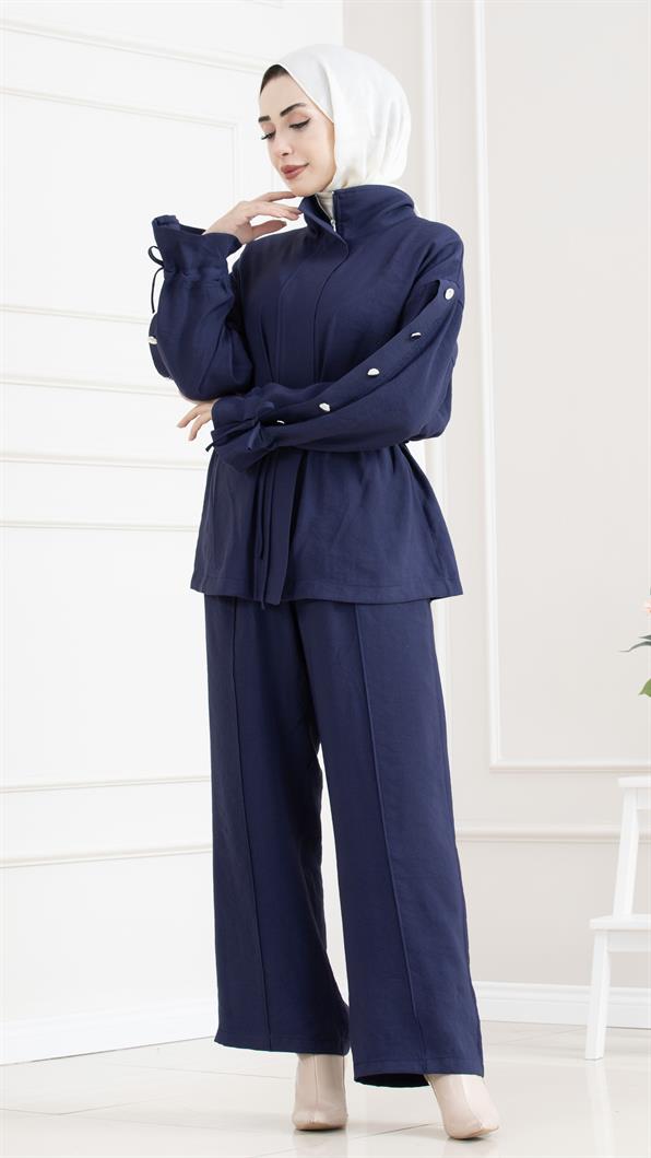 Tünel detaylı kolu düğmeli ikili tesettür takım-LACİVERT