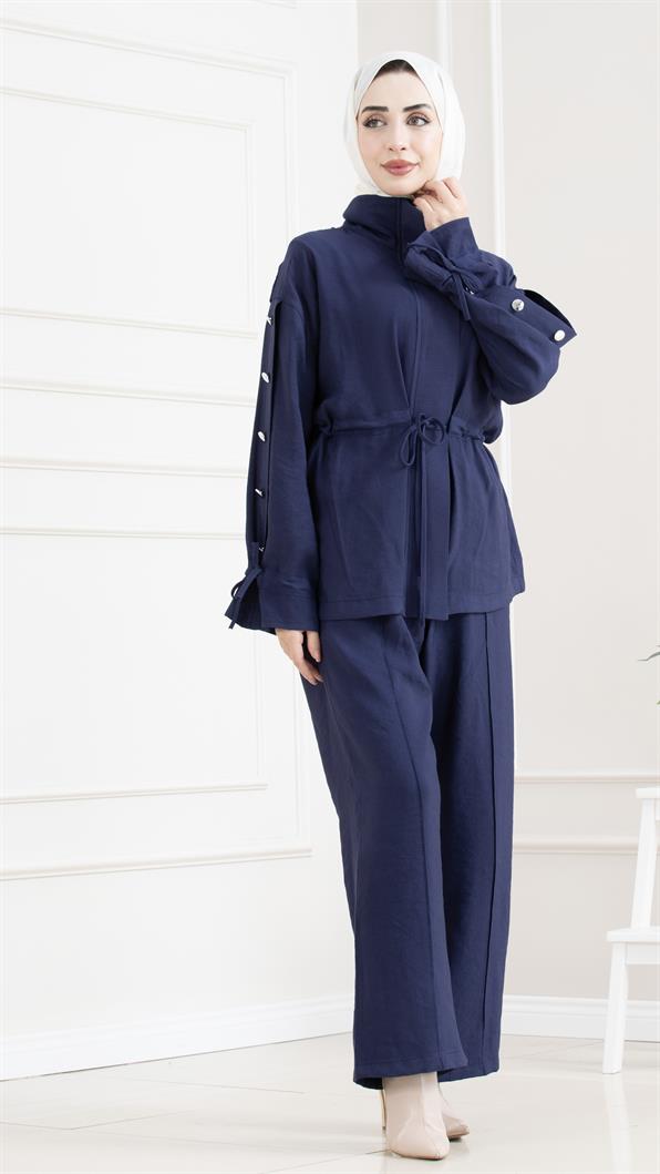 Tünel detaylı kolu düğmeli ikili tesettür takım-LACİVERT