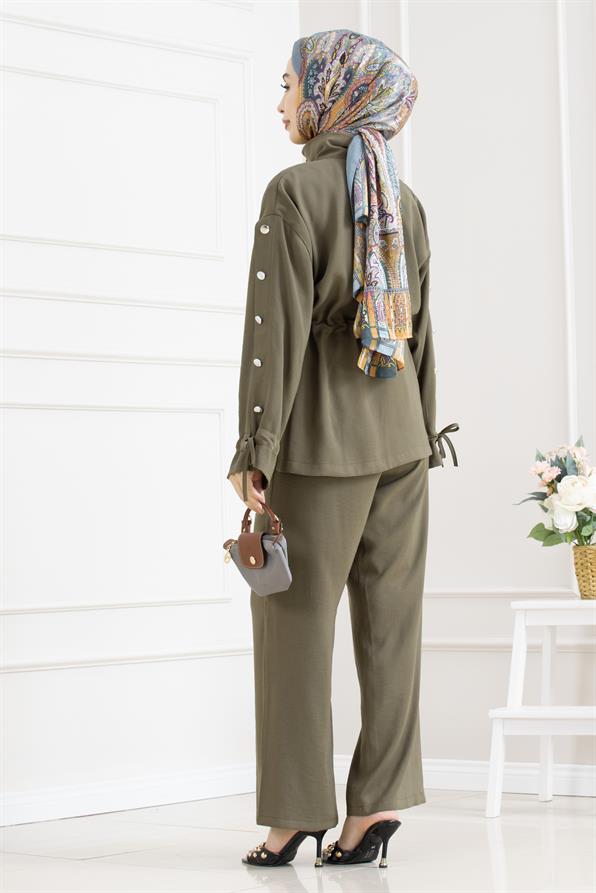 Tünel detaylı kolu düğmeli ikili tesettür takım-HAKİ