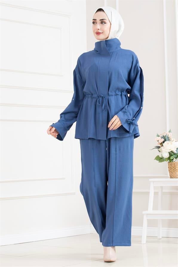 Tünel detaylı kolu düğmeli ikili tesettür takım-MAVİ