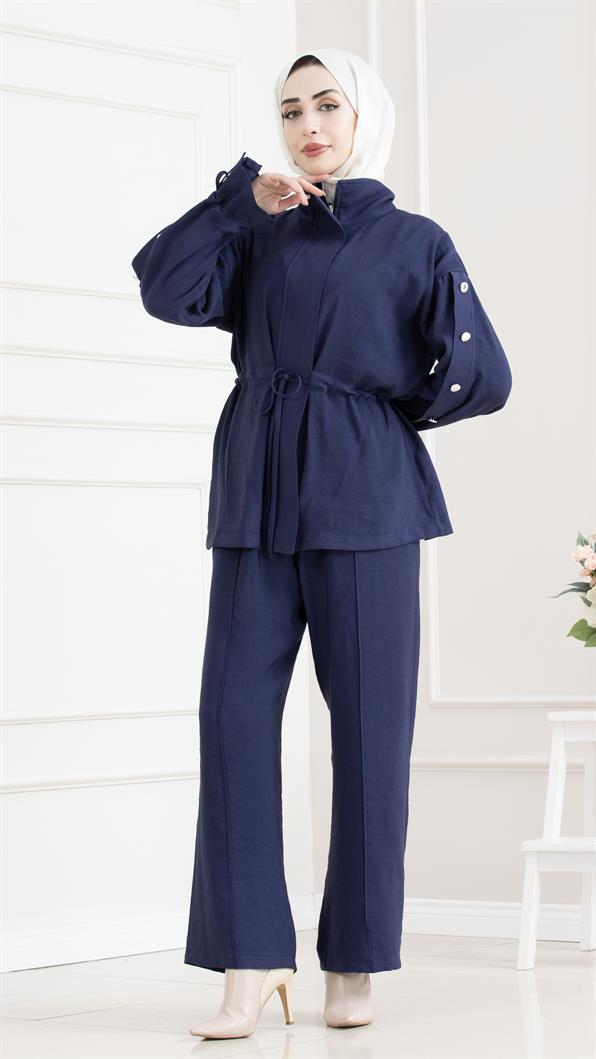 Tünel detaylı kolu düğmeli ikili tesettür takım-LACİVERT