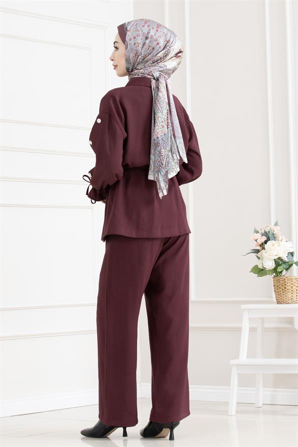 Tünel detaylı kolu düğmeli ikili tesettür takım-BORDO