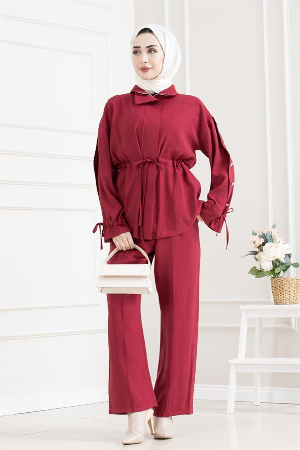 Tünel detaylı kolu düğmeli ikili tesettür takım-KIRMIZI