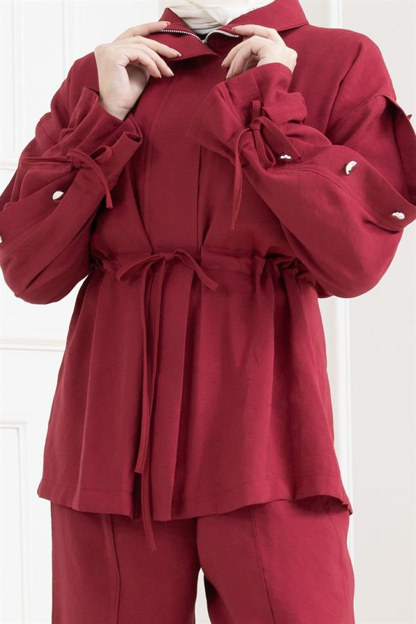 Tünel detaylı kolu düğmeli ikili tesettür takım-KIRMIZI