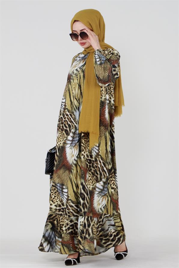 Varak Detaylı Kaplan Desenli Elbise-Yeşil
