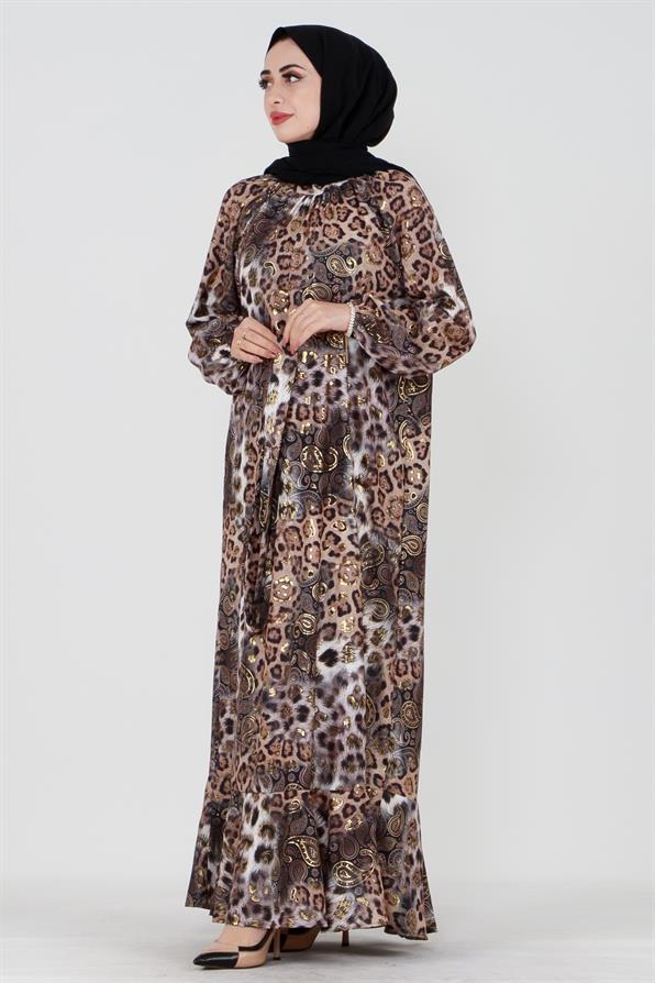 Varak Detaylı Leopar Desenli Elbise-VİZON