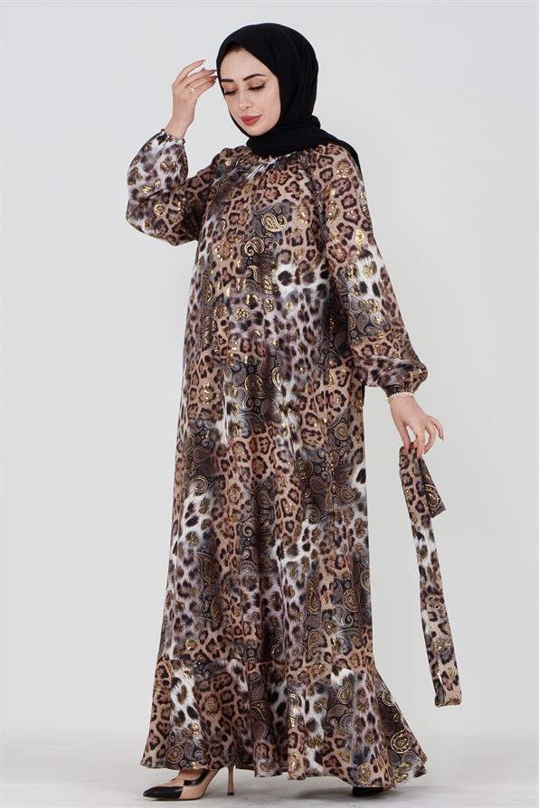 Varak Detaylı Leopar Desenli Elbise-VİZON