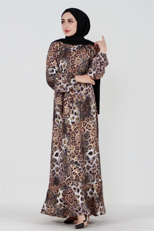 Varak Detaylı Leopar Desenli Elbise-VİZON