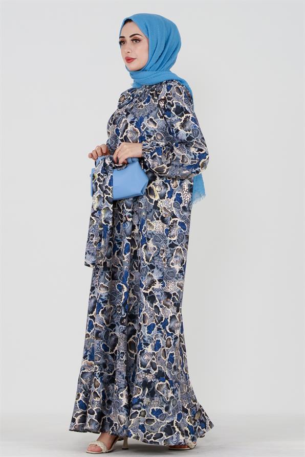 Gold Detail Mosaic Patterned Dress-Navy Blue