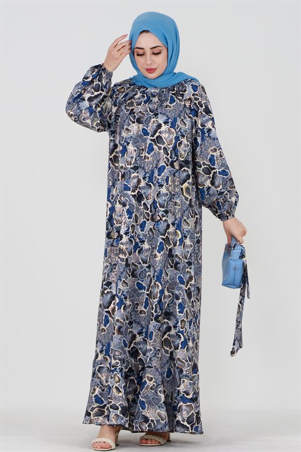 Gold Detail Mosaic Patterned Dress-Navy Blue