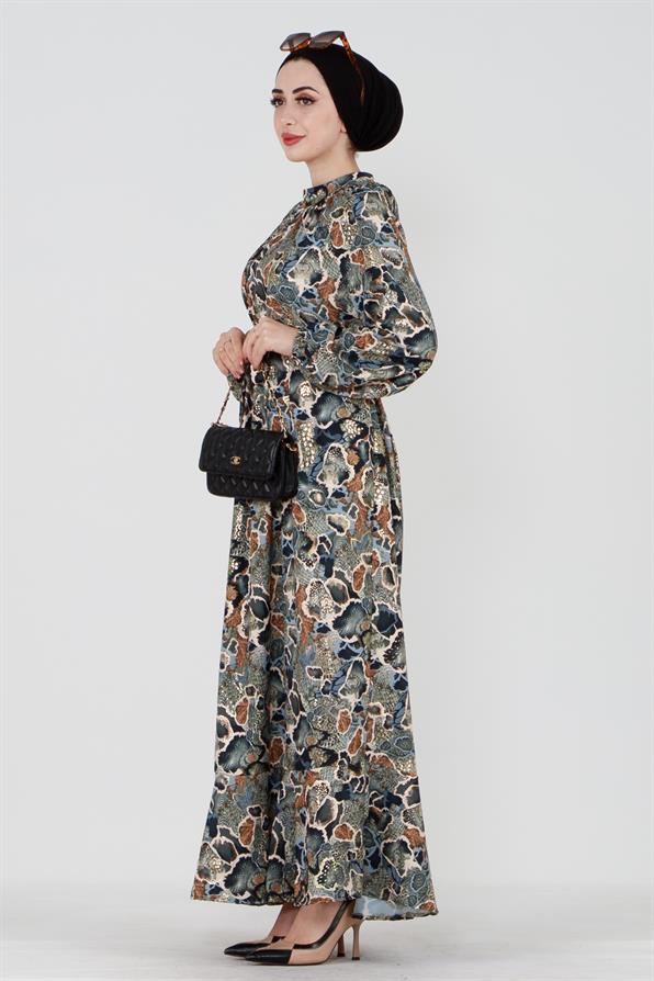 فستان بتفاصيل ذهبية ونقش موزاييكي - أخضر