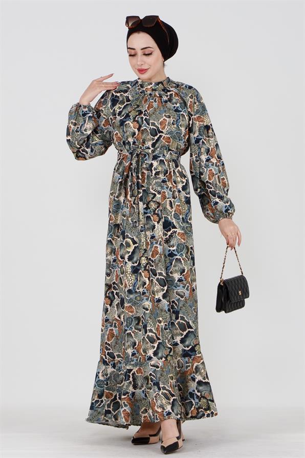 فستان بتفاصيل ذهبية ونقش موزاييكي - أخضر