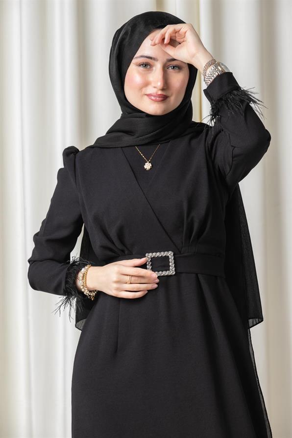 فستان سهرة بأكمام ريشة فينوس-اللون الأسود