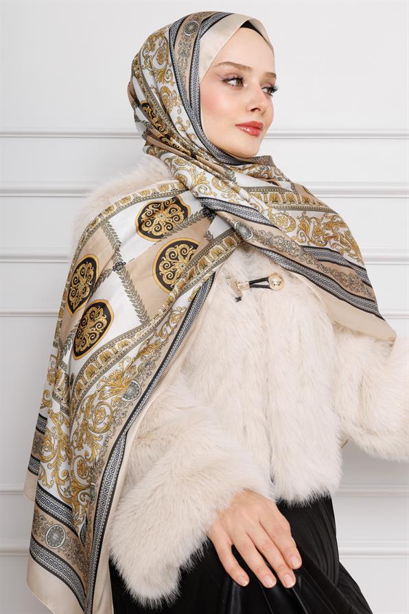 Versace Desenli Hint İpeği Şal-Krem