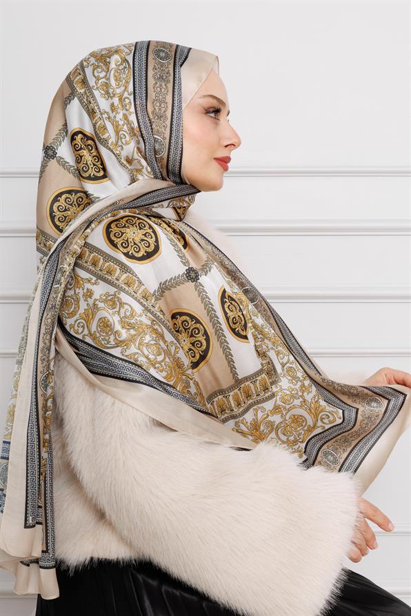 Versace Desenli Hint İpeği Şal-Krem