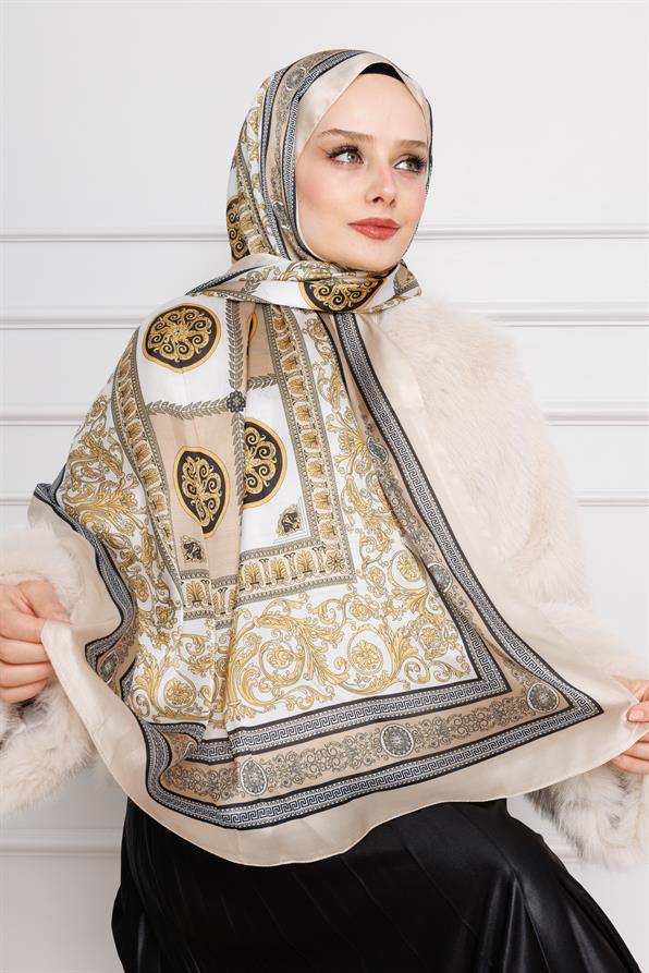 Versace Desenli Hint İpeği Şal-Krem