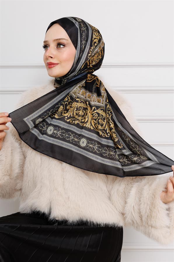 Versace Desenli Hint İpeği Şal-Siyah