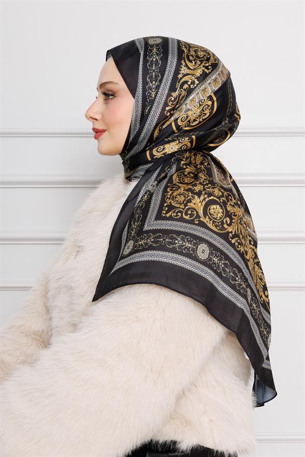 Versace Desenli Hint İpeği Şal-Siyah