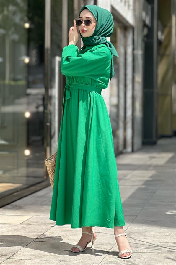 Yakalı Mevlana Elbise-Benetton Yeşili