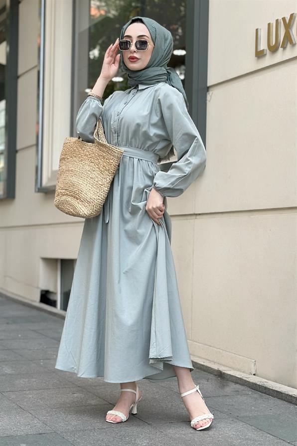 Collared Whirling Dervish Model Dress-Mint Green