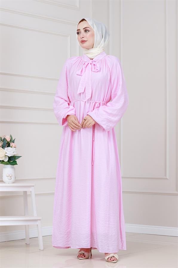 Yakası Bağcıklı Lara Elbise-Pembe