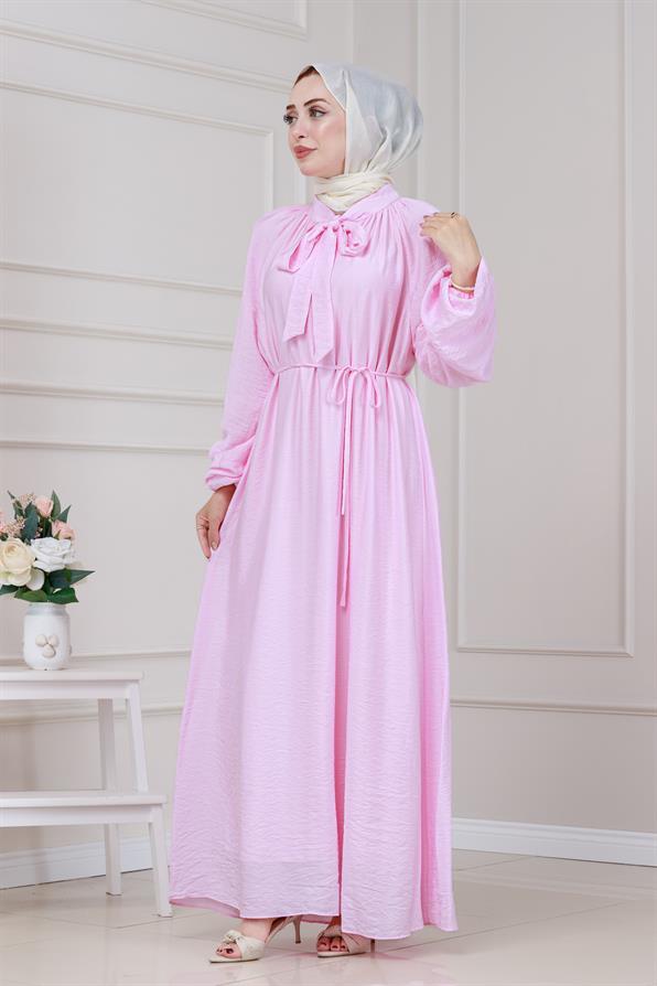 Yakası Bağcıklı Lara Elbise-Pembe