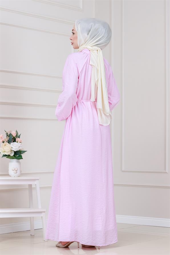Yakası Bağcıklı Lara Elbise-Pembe