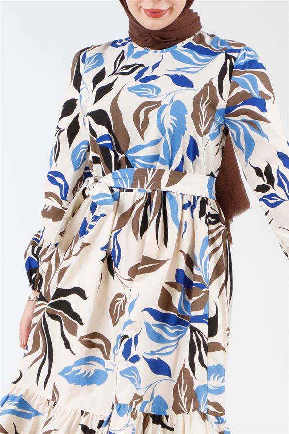 Collar Bias Patterned Dress - Blue