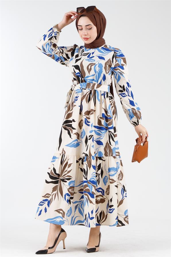 Collar Bias Patterned Dress - Blue