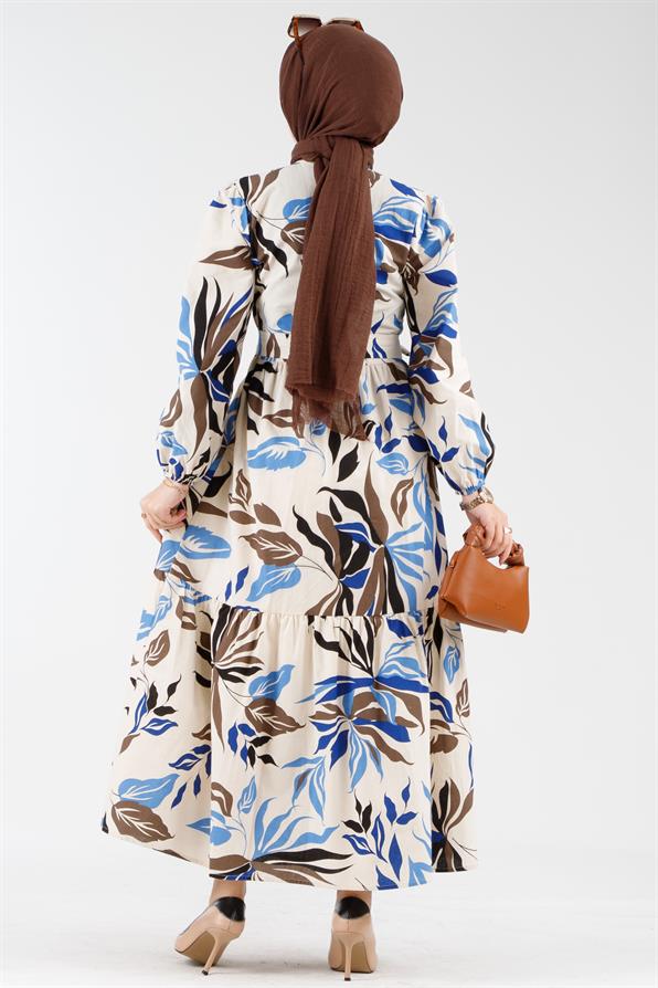 Collar Bias Patterned Dress - Blue