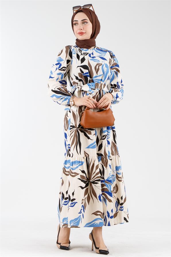Collar Bias Patterned Dress - Blue
