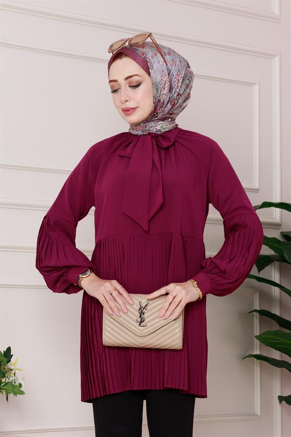 Yakası Fiyonk Detaylı Piliseli Tunik-Mürdüm