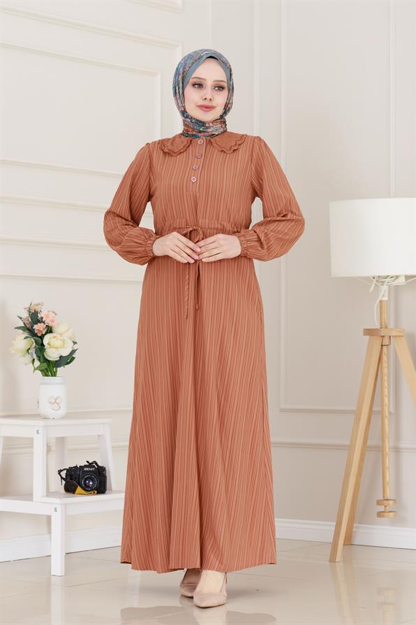 Yakası Güpür Nova Elbise-Kiremit