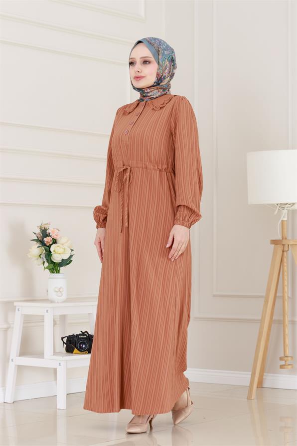 Yakası Güpür Nova Elbise-Kiremit