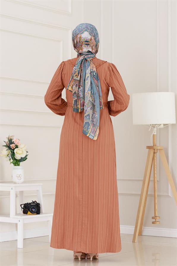 Yakası Güpür Nova Elbise-Kiremit