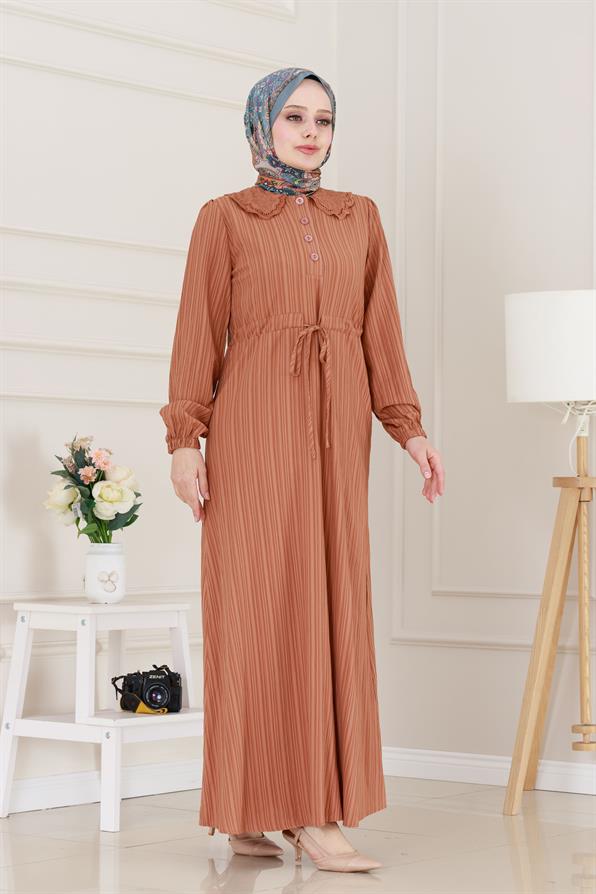 Yakası Güpür Nova Elbise-Kiremit