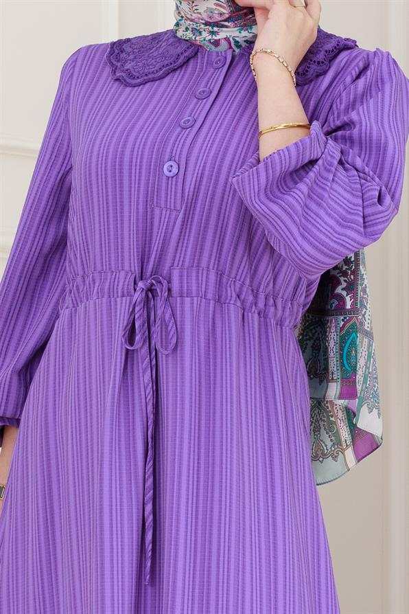 Yakası Güpür Nova Elbise-Lila