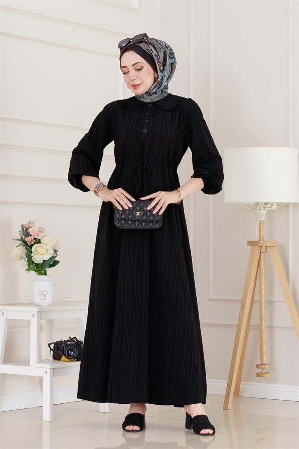 Yakası Güpür Nova Elbise-Siyah