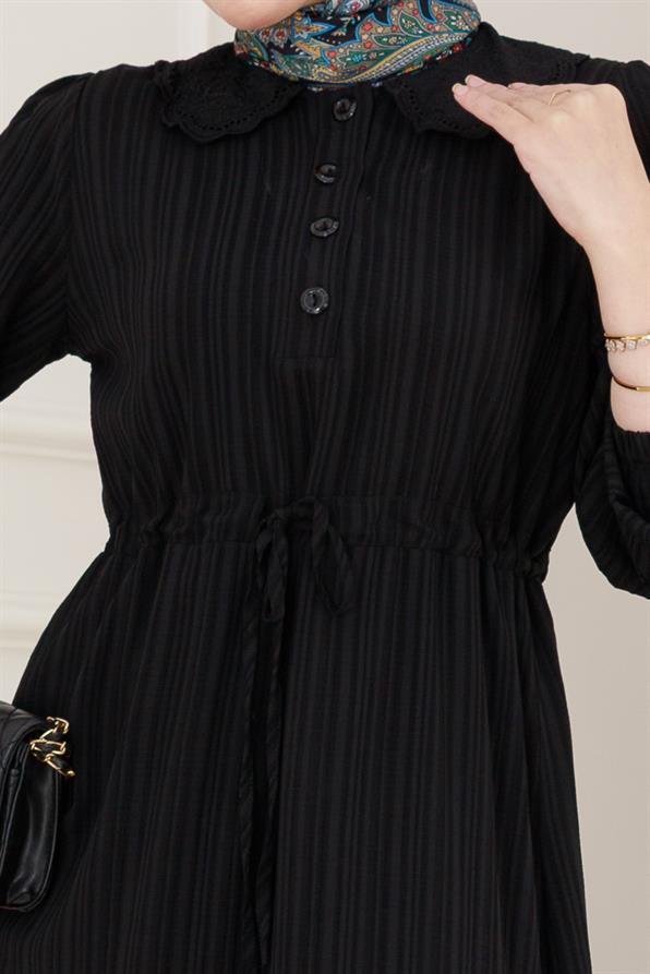 Yakası Güpür Nova Elbise-Siyah