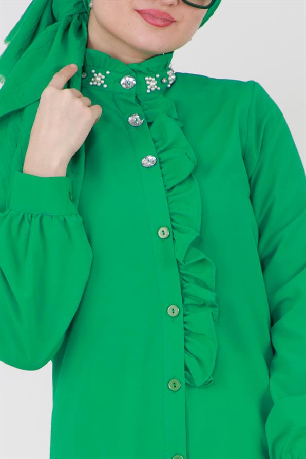 Yakası İncili Fırfır Detaylı Tunik-Benetton Yeşili