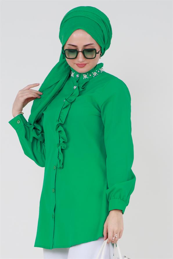 Yakası İncili Fırfır Detaylı Tunik-Benetton Yeşili
