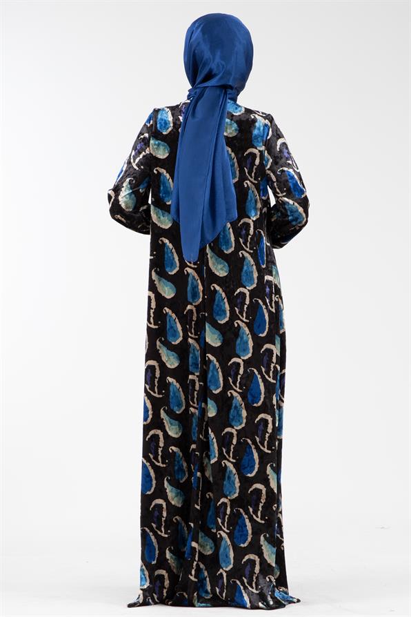Embroidered Collar Velvet Dress with Shawl Pattern - Sax Blue