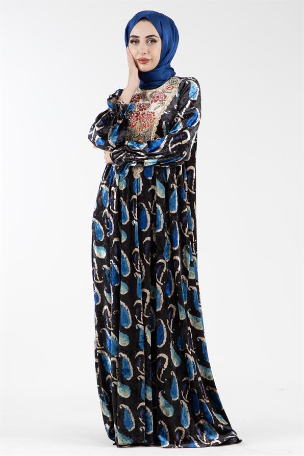 Embroidered Collar Velvet Dress with Shawl Pattern - Sax Blue