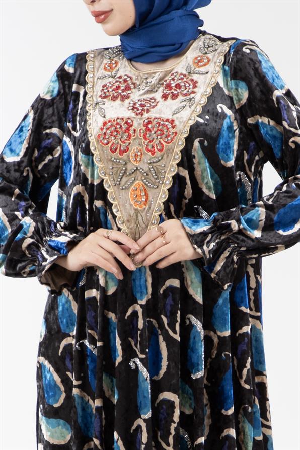 Embroidered Collar Velvet Dress with Shawl Pattern - Sax Blue