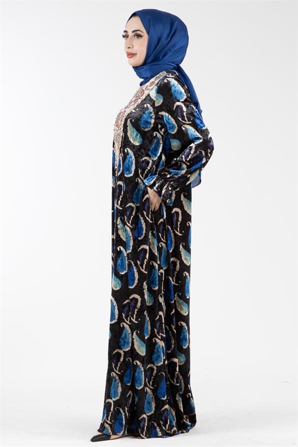Embroidered Collar Velvet Dress with Shawl Pattern - Sax Blue