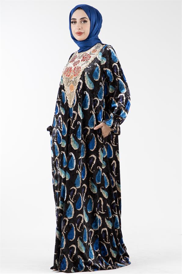 Embroidered Collar Velvet Dress with Shawl Pattern - Sax Blue